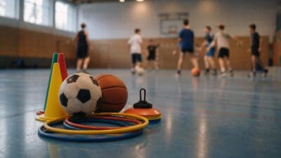 Bunte Trainingskegel, Fußball und Basketball in einer Sporthalle mit Jugendlichen im Hintergrund