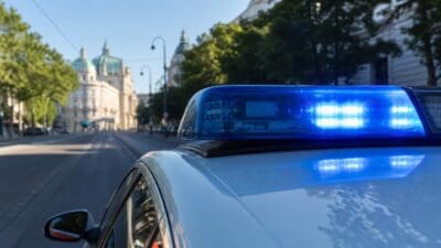 Nahaufnahme eines blauen Blaulichts auf dem Dach eines Polizeifahrzeugs in Wien
