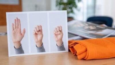 Karte zeigt drei Handgesten des Hilfezeichens: offene Hand, Faust mit Daumen eingeklappt und geschlossene Faust.