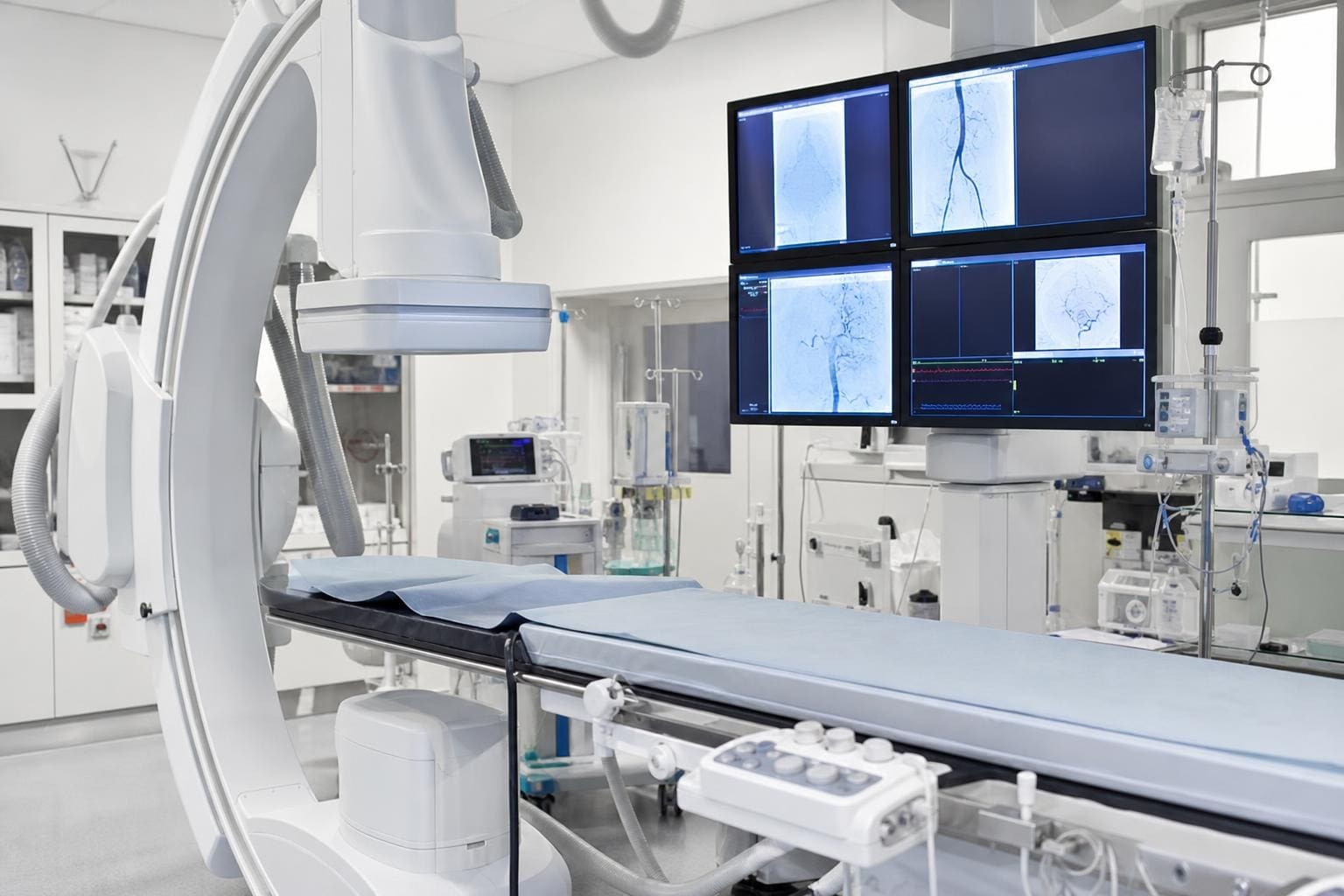 C-Bogen Angiographiegerät neben einem leeren Behandlungstisch und einer Monitorwand mit Gefäßbildern in einem hellen Interventionsraum.