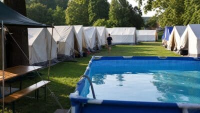Blaues Schwimmbecken im Vordergrund vor weißen Zelten auf einer Wiese