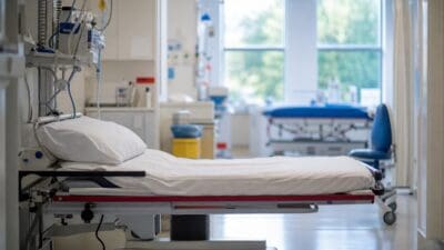 Leeres Krankenbett mit weißer Bettwäsche in einem hellen Krankenzimmer mit medizinischen Geräten daneben