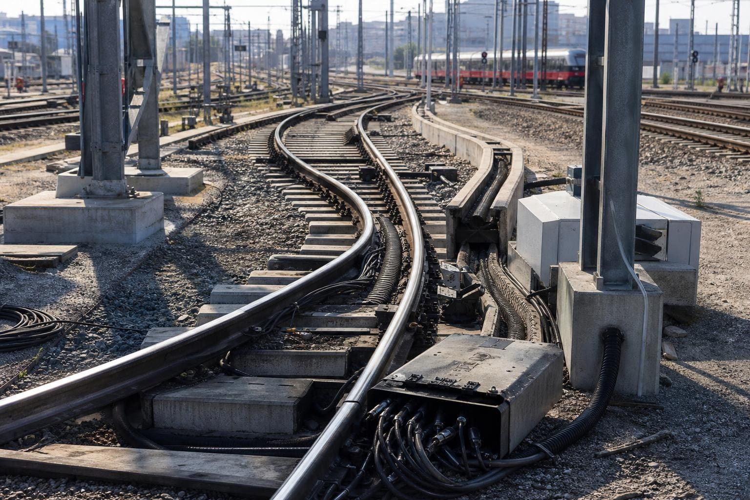 Beschädigte Kabel hängen aus Kanälen neben den Gleisen mit einem Zug im Hintergrund