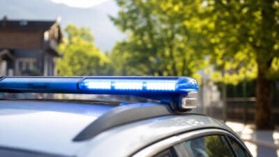Leuchtendes blaues Blaulicht auf dem Dach eines Polizeifahrzeugs vor Bergkulisse