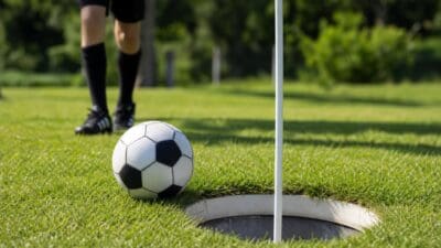 Schwarz-weißer Fußball liegt auf grünem Rasen neben weißem Loch mit Flaggenmast, Spielerbeine im Hintergrund