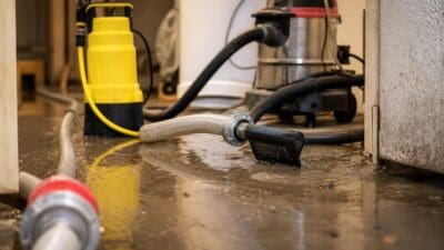 Eine gelbe Tauchpumpe und ein Industriesauger stehen auf dem nassen Kellerboden.