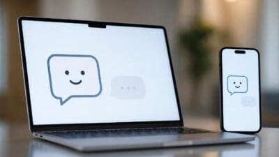 Ein Laptop und ein Smartphone auf einem Tisch, deren Bildschirme Chat-Symbole mit lächelnden Gesichtern anzeigen.