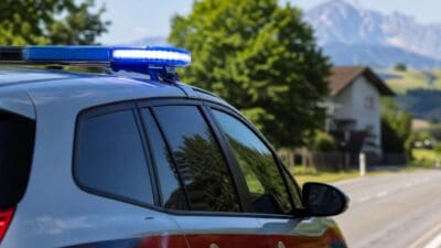Polizeifahrzeug mit aktiviertem Blaulicht auf einer Landstraße vor Bergen und Häusern