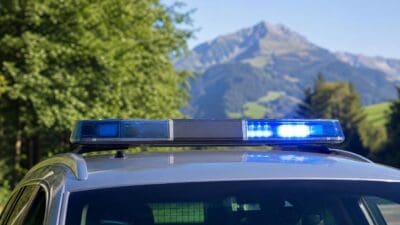 Nahaufnahme eines Blaulichtbalkens auf dem Dach eines silbernen Fahrzeugs mit Bergen im Hintergrund