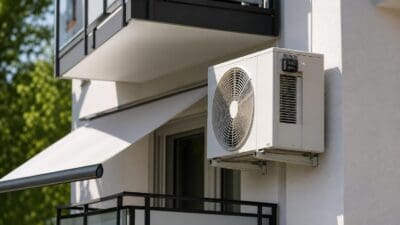 Weiße Außeneinheit einer Klimaanlage montiert an der Wand eines modernen Wohngebäudes mit Balkon und Markise