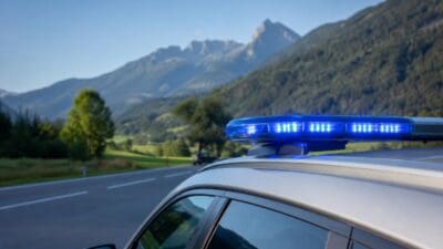 Blaues Blaulicht leuchtet auf dem Dach eines silbernen Polizeifahrzeugs vor einer Berglandschaft.