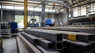 Gestapelte quadratische Stahlprofile in einer industriellen Produktionshalle mit Maschinen im Hintergrund