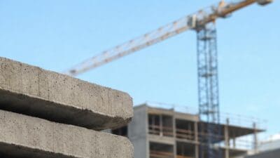 Mehrere graue Betonplatten liegen gestapelt vor einer Baustelle mit einem gelben Kran und einem Rohbau unter blauem Himmel.