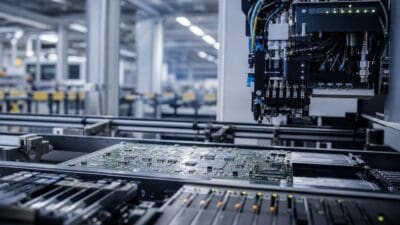Roboterarm einer Fertigungsmaschine über einer grünen Leiterplatte in einer Fabrikhalle