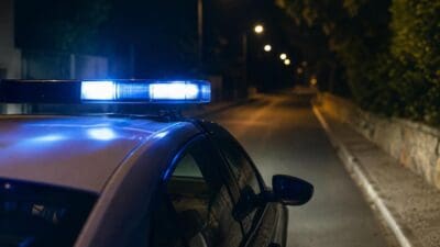 Polizeifahrzeug mit blauem Blaulicht auf dem Dach bei Nacht