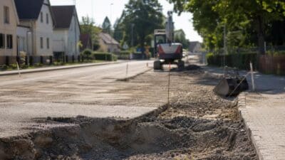 Bagger auf einer Baustelle an der aufgerissenen L 639 in Wettmannstätten