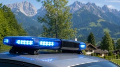 Blaues Blaulicht auf dem Dach eines Polizeifahrzeugs vor Bergpanorama in Mayrhofen