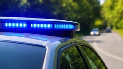 Aktiviertes blaues Blaulicht auf dem Dach eines Polizeifahrzeugs auf einer Landstraße