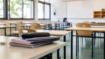 Stapel von Schulheften und einer schwarzen Federtasche auf einem Tisch in einem leeren Klassenzimmer
