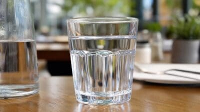 Ein Glas mit klarem Leitungswasser auf einem Holztisch in einem Restaurant