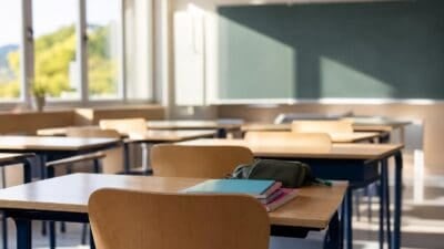 Leeres Klassenzimmer mit Holztischen, Stühlen und grüner Kreidetafel vor großen Fenstern