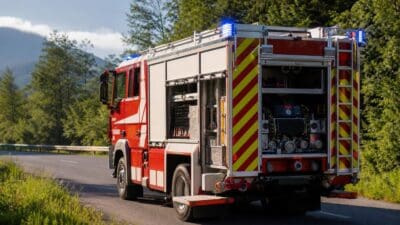 Rotes Feuerwehrfahrzeug mit geöffnetem Heck und blauem Blaulicht auf einer Landstraße vor Bergen
