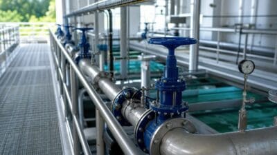 Reihe blauer Ventile an silbernen Rohrleitungen über grünem Wasser in einer Industriehalle mit Metallsteg