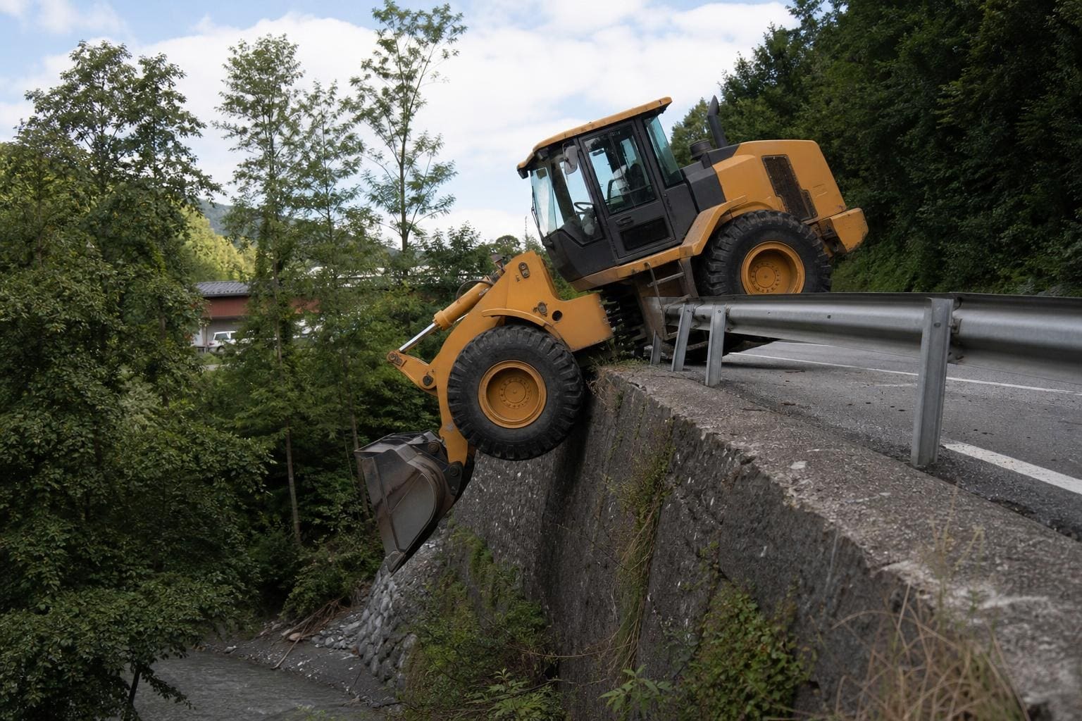 Gelber Radlader hängt mit einem Rad über einer Betonmauer an der Straße