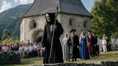 Ein Schauspieler verkleidet als Tod mit Sense steht vor dem Karner in Metnitz vor Zuschauern und anderen Akteuren.
