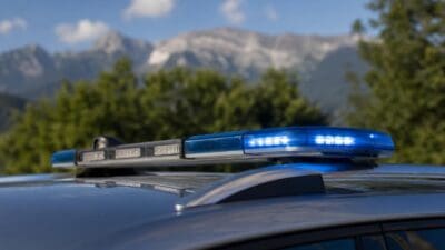 Nahaufnahme eines leuchtenden blauen Blaulichtbalkens auf dem Dach eines Polizeifahrzeugs vor Bergen.