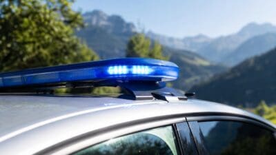 Blaues Blaulicht leuchtet auf dem Dach eines silbernen Polizeifahrzeugs in den Bergen