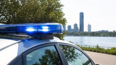 Eingeschaltetes Blaulicht auf dem Dach eines weißen Polizeifahrzeugs mit Blick auf die Wiener Skyline