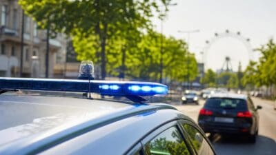 Blaues Blaulicht auf dem Dach eines Polizeifahrzeugs in einer Straße mit Riesenrad im Hintergrund