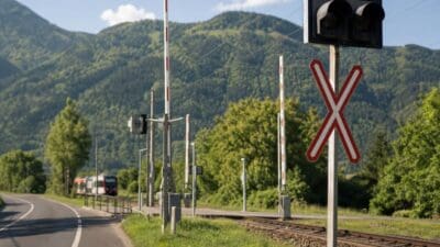 Bahnübergang mit rot-weißem Andreaskreuz, Signalleuchten und einem Zug vor Bergen.