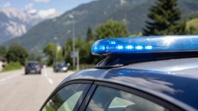 Nahaufnahme eines aktivierten blauen Blaulichts auf einem Polizeifahrzeug in bergiger Landschaft