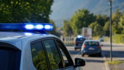 Polizeifahrzeug mit leuchtendem blauen Blaulicht auf einer Straße vor Bergen