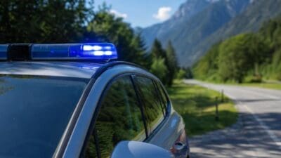 Polizeifahrzeug mit blauem Blaulicht auf einer Bergstraße in den Alpen