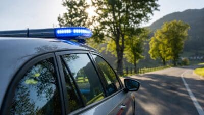 Polizeifahrzeug mit blauem Blaulicht auf einer Landstraße vor grünen Bäumen und Hügeln