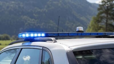 Blaues Blaulicht auf dem Dach eines silbernen Einsatzfahrzeugs vor einer Berglandschaft