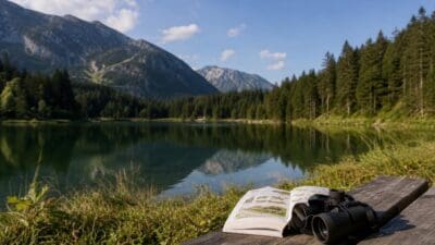Fernglas und aufgeschlagenes Buch mit Vogelillustrationen auf Holz vor Bergsee und Bergen