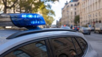 Blaues Blaulicht leuchtet auf dem Dach eines Polizeiautos in einer Stadtstraße