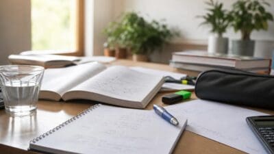 Ein Holztisch ist mit aufgeschlagenen Schulbüchern, einem Notizbuch voller Mathematikaufgaben, einem Stift und einem Glas Wasser bedeckt.