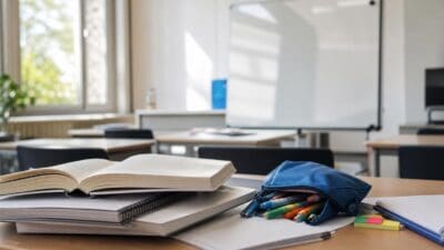 Offenes Buch, Notizhefte und blaues Federmäppchen mit Stiften auf einem Tisch in einem Klassenzimmer