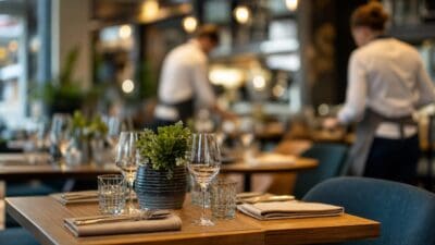 Gedeckter Holztisch mit Weingläsern, Wassergläsern, Besteck und einer Pflanze in einem Restaurant.