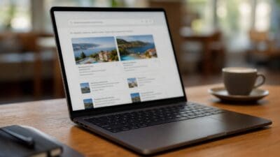 Ein Laptop auf einem Holztisch zeigt Suchergebnisse für Hotels mit Meerblick, daneben eine Kaffeetasse und ein Notizbuch.