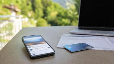 Ein Smartphone liegt auf einem Tisch und zeigt eine App, daneben eine Kreditkarte und ein Laptop.