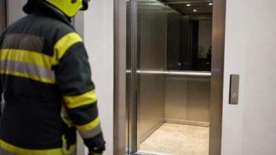 Ein Feuerwehrmann in Schutzkleidung steht vor einem offenen Aufzug.