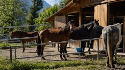Mehrere Pferde stehen in einem Auslauf vor einem Holzstall mit Bergen im Hintergrund