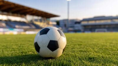 Ein schwarz-weißer Fußball liegt auf grünem Rasen in einem Stadion.