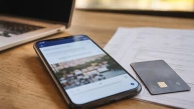 Smartphone zeigt eine App neben einer Kreditkarte und Dokumenten auf einem Holztisch mit Laptop im Hintergrund